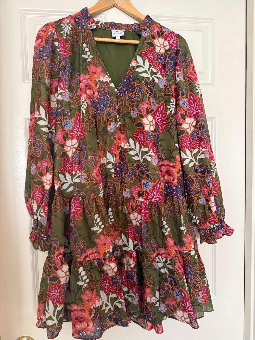 J Marie V-Neck Tiered Mini Dress - Olive multi- large